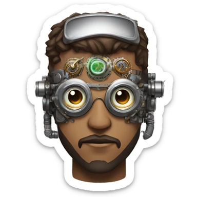 Brown short hair male cyborg head with silver steampunk goggles, brown beard and circuits sticker