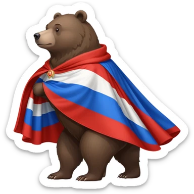 Medium-dark brown bear on all four legs with Russian flag (white, blue, red horizontal stripes) draped over its back like a cape or cloak, flowing slightly, side view sticker