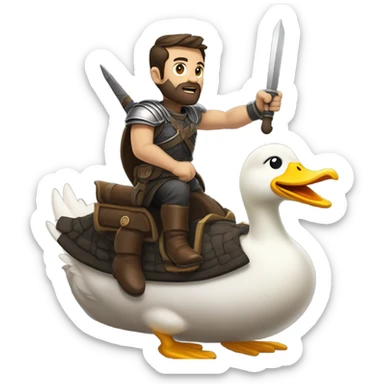 Confident armored White Man with dark brown hair and a short beard pointing forward with one arm yelling a battle charge while riding on the back of a giant duck sticker