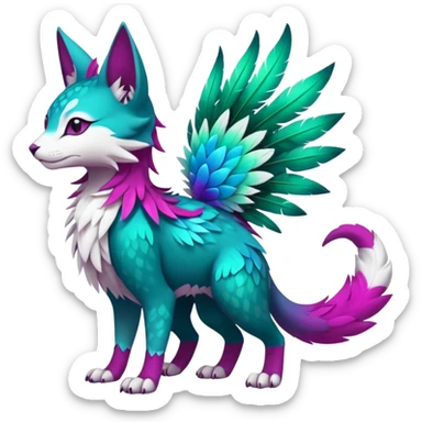 Kawaii cute colorful iridescent deep-dark-turquoise-green and magenta and white beautiful pretty elegant divine edgy feline-vernid-sergal-Fakémon-Pokémon-fursona-animal-creature with accessories, full body, with intricate detailed markings, feathers sticker