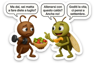 EMOJI STILE IPHONE 3D DI una cicala e una formica che parlano tra loro, la formica ha nella mano destra un manubrio da palestra e nella nella mano sinistra una bowl di insalata, la cicala invece ha un cocktail in mano, la cicala prende in giro la formica E LE DICE IN 3 FUMETTI DIFFERENTI: "Ma dai, sei matta a fare diete a luglio?”
“Allenarsi con questo caldo? Anche no!”
“Goditi la vita, ci pensi a settembre.”
 sticker