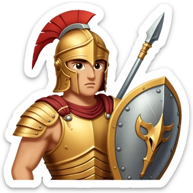 Cinematic-realistic Achilles emoji portrait fearlessly on the battlefield of Troy. His trojan armor gleams , each intricate engraving telling tales of his past glories. His piercing gaze locks onto his foe, his grip tightening around his spear.  sticker