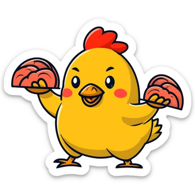 Four separate cute protein stickers: happy chicken breast with tiny arms, smiling red meat steak, cheerful salmon fillet, and joyful egg, each with little muscle arm flexing, showing their protein power sticker