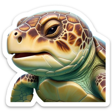 Cinematic Cute Yawning Sea Turtle Portrait Emoji, Head tilted slightly with a dramatic, wide-open yawn, showcasing a stately, patterned shell and a smooth, aged body with sleepy, half-closed eyes, Simplified yet irresistibly adorable features, highly detailed, glowing with a soft, cozy oceanic glow, high shine, relaxed yet expressive, stylized with a dash of whimsical marine charm, soft glowing outline, capturing the essence of a drowsy yet affectionate sea turtle that appears ready to stretch out for a nap! sticker