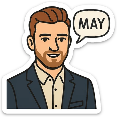 flat toon style Justin Timberlake lookalike with 'MAY' in a speech bubble sticker
