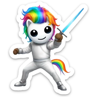 make me an emoji of a fencer riding a rainbow unicorn sticker
