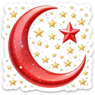 Beautiful sparkly glittery shiny pretty red crescent and stars scenery sticker