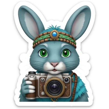 rabit, tribal ethnic ancient rabit with camera, blue and green sticker
