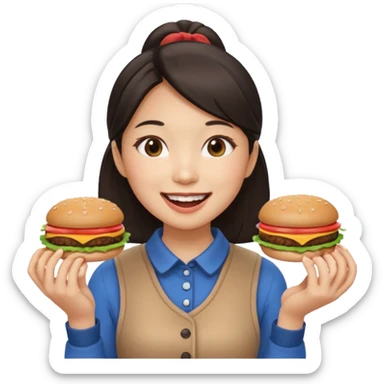 create a humongous asian girl with 2 burgers and a cookie in her mouth sticker