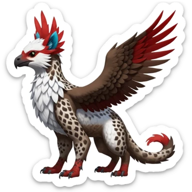Winged hyper-realistic Feral Rare realistic edgy brown, white, red pretty beautiful handsome gorgeous aesthetic colorful vibrant Vernid-Trico-Silvally-Nargacuga-Gryphon-fusion-hybrid-species-Fakemon-creature by LiLaiRa, random markings, tufted ears, full body with snow-leopard-pattern-markings sticker