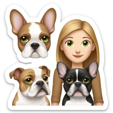 Mom with light brown hair and green eyes, daughter with light brown hair and blue eyes, white French bulldog with black  sticker