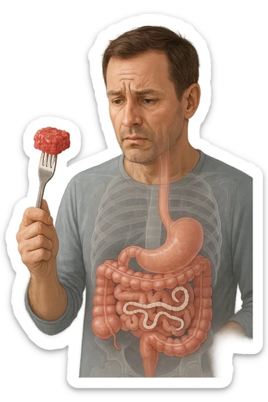A realistic, high-quality medical illustration showing a concerned man in his early 40s holding a piece of raw beef tartare on a fork, looking at it with a worried expression. Behind him, a transparent overlay of his digestive system reveals the presence of Taenia saginata (beef tapeworm), depicted as a long, segmented white worm inside his intestines, symbolizing the infection. The environment is a kitchen with bright but neutral lighting, creating a serious educational tone. Subtle anatomical highlights and clean medical graphics convey the concept of parasite transmission through undercooked beef, emphasizing food safety and health awareness. sticker