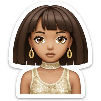 Left Eye from TLC with medium dark brown hair, ivory sequin outfit sticker