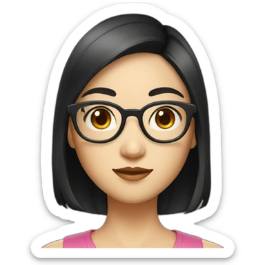 Asian women with small eyes short , round face, big square glasses black hair sticker