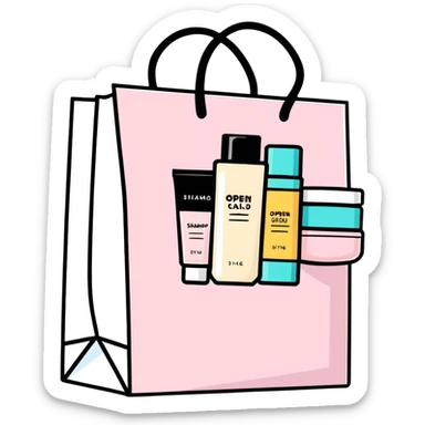 Gift bag with beauty products (shampoo, creams, styling products), a gift bag is beautyful open box full of luxury brand-labeled beauty products sticker