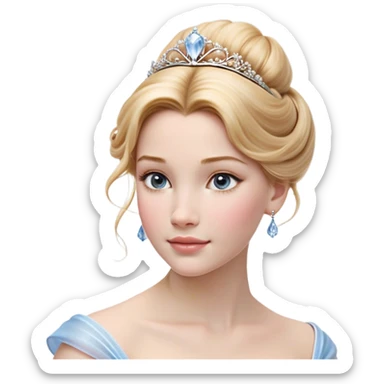 Cinematic Realistic Cinderella Portrait, depicted with lifelike skin texture, subtle rosy undertones, and soft natural lighting that enhances the gentle contours of her face. Her intricately detailed golden blonde hair is elegantly styled in an updo, with delicate wisps framing her face for added realism. Her deep, expressive blue eyes radiate warmth and sincerity, reflecting a quiet resilience and grace. She is dressed in her iconic ball gown, the fabric shimmering with intricate embroidery and fine translucent layers that catch the light beautifully. The soft sheen of satin gloves and the delicate sparkle of a glass-like slipper peeking from beneath her dress add a touch of magical realism. The portrait features an enchanting glow with a natural, luminous finish, seamlessly blending realism and fairytale charm to evoke a sense of depth, elegance, and timeless beauty. sticker