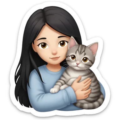 girl with black long hair, light-medium skin, brown eyes snuggling light grey tabby kitten sticker