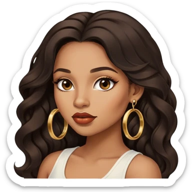 light brown skin tone, very beautiful woman, with big plump lips, long long lashes, black wavy long hair, brown eyes, white tank top, gold hoop earrings sticker