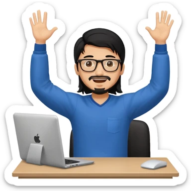 a young man with long black hair, with goatee, wearing glasses sitting with a computer, his arms up,cheering sticker