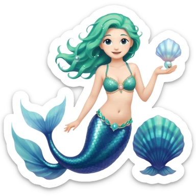 Full body of a mermaid with long flowing sea-green hair, shimmering blue-scaled tail, shell bra, holding a pearl in one hand, smiling softly, front-facing, surrounded by glowing sea particles, fantasy style sticker