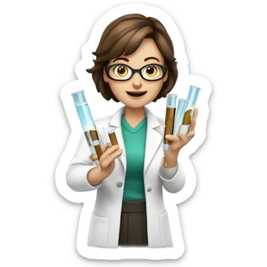 Science teacher female, brown hair, exploding test tubes in hand sticker