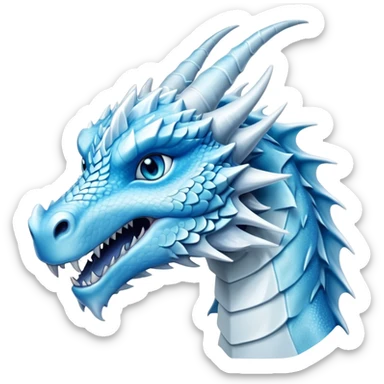 Cinematic Noble elegant Ice Dragon Portrait Emoji, Poised and imposing, distinct long elegant snout, with a slender, scaled body shimmering in glacial hues of icy blue, frostbitten silver, and crystalline white, breathing out frost, with piercing, glowing ice blue white eyes that radiate the chilling depths of an arctic storm; rendered in detail. sticker