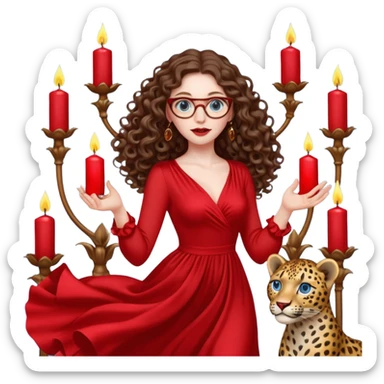 a blue eyed woman with very long brunette curly hair, full lips,and really pale skin. She is wearing a leopard printed thin round-ish glasses . She is wearing fully plain silky red dress. She is flying on the air. There are candles and sculptures and red roses all around her. She is making a magic. sticker
