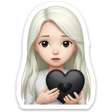 A girl with long white hair is sad and holds a black heart in her hands sticker