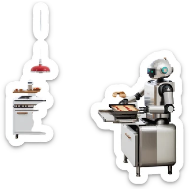 A robotic baker with stainless steel limbs, built-in mixers, and a retro-futuristic oven. The environment is industrial-chic: brushed metal surfaces, LED panels, and mechanical arms. UI mimics control panels with toggle switches, rivets, and analog dials. sticker
