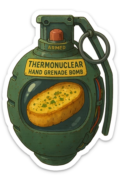 a thermonuclear hand held grenade IED, futuristic cyberpunk. The primed exlosive element is not c4 plastique, but it is garlic bread. sticker