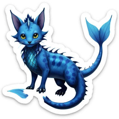 Epic complex abyssal fantasy swampy glorious detailed dark dusky gloomy deep gothic gloomy cobalt-blue-abyss-blue-black-greyish, realistic Fakémon-Sprigatito-Floragato-Meowscarada-Vaporeon-Salandit-Trico-Sergal-Serval-Vernid-creature (full body) with mermaid-ears, tail fin, shiny sparkly, iridescent sticker