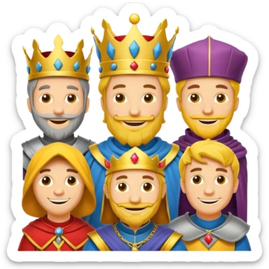 fait moi un Roi 1 Connétable un Chevalier un paysan et un Bouffon avec le style graphique cartoon et personnage jaune sticker