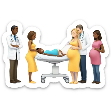 a pregnant woman gives birth and doctors stand nearby sticker