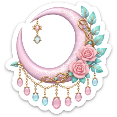 Rosy shiny glossy sparkly romantic pastel crescent damask moon with rose quartz pastel vines pastel gems pastel beads with feathers and chains  sticker