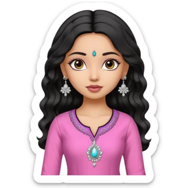 a pretty bratz fair indian girl wearing a pink kurti,  Silver jhumkas, black wavy hair sticker