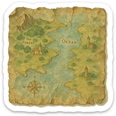 realistic crinkled and water damaged map, natural colors, soft, fairy-like atmosphere, no background, square size sticker