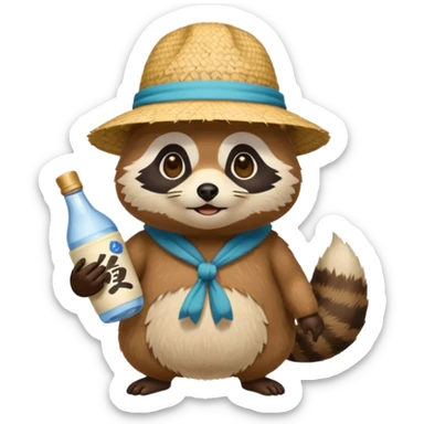 japanese tanuki with straw hat and sake bottle sticker