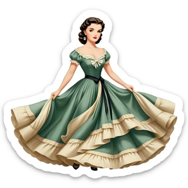 Icon for Romance Movie: A vintage movie poster-style design inspired by Gone with the Wind. Include romantic, sweeping imagery like Scarlett O'Hara in a flowing dress, Rhett Butler, a plantation backdrop, and fluttering wind-blown fabric. Soft, nostalgic cinematic feel. Transparent background. sticker