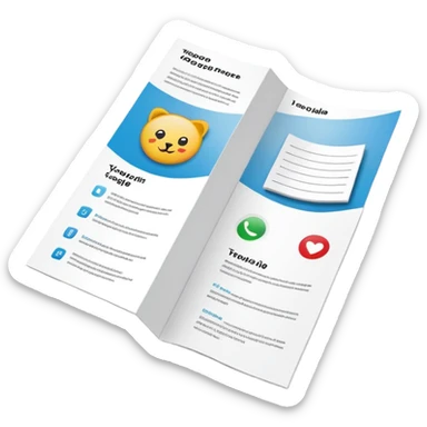 tri-fold brochure opened, with simple layout lines and image placeholders. sticker