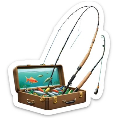 Icon for Fishing Travel: a fishing rod, tackle box and a boat on a calm lake surrounded by mountains and lush greenery, with fish jumping out of the water. The icon should capture the peaceful and adventurous nature of fishing trips. Transparent background. sticker