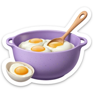 a lilac ceramic mixing bowl with a wooden spoon stirring and sitting next to it is a few eggs sticker