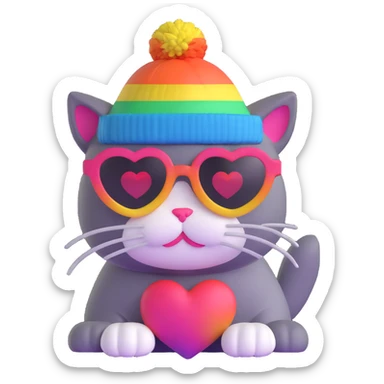 cat wearing a rainbow beanie and heart-shaped sunglasses sticker