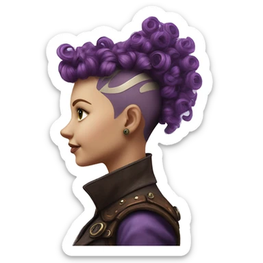 Photorealistic steampunk profile short mohawk purple  curl on Caucasian girl with small nose round face sticker