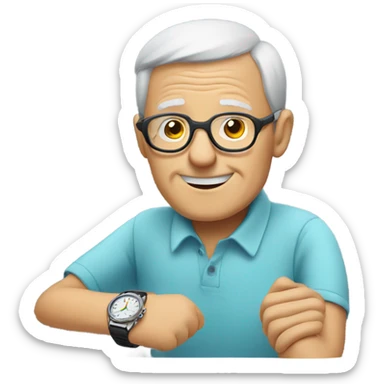 smiling elderly man in glasses looking at his watch sticker