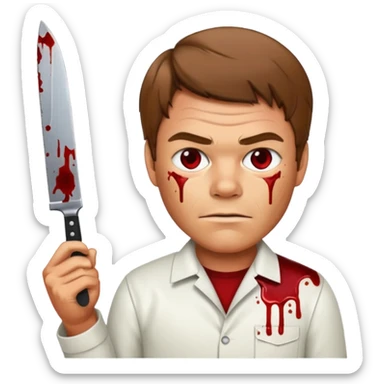 Dexter Morgan holding a knife, blood splatter background, emoji style sticker