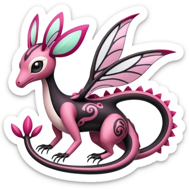 Magenta, black and white Meloetta-Flygon-Gorebyss-Salazzle-Pokémon-Fakémon-creature-fusion-hybrid sticker