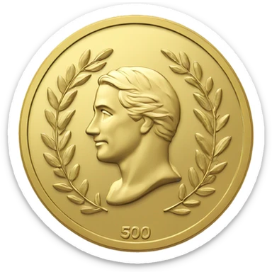 gold coin with large "50" in label in center and laurel sticker