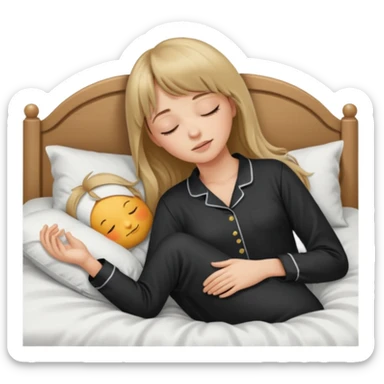 Young woman with long dark blond hair all around her, and a bang, sleeping in bed  with black pyjama  sticker