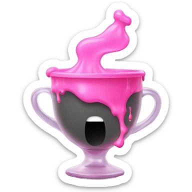 A baby’s sippy cup spilling pink liquid, with a twisted, distorted reflection of a person’s face inside the liquid. Dark smoke or mist rises from the cup sticker