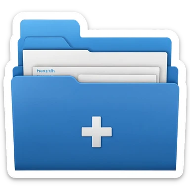 A simple emoji-style icon of a blue multipocket folder, clean and minimal, with layered inner tabs, subtle shading, and a small health/medical documents symbol on the front sticker